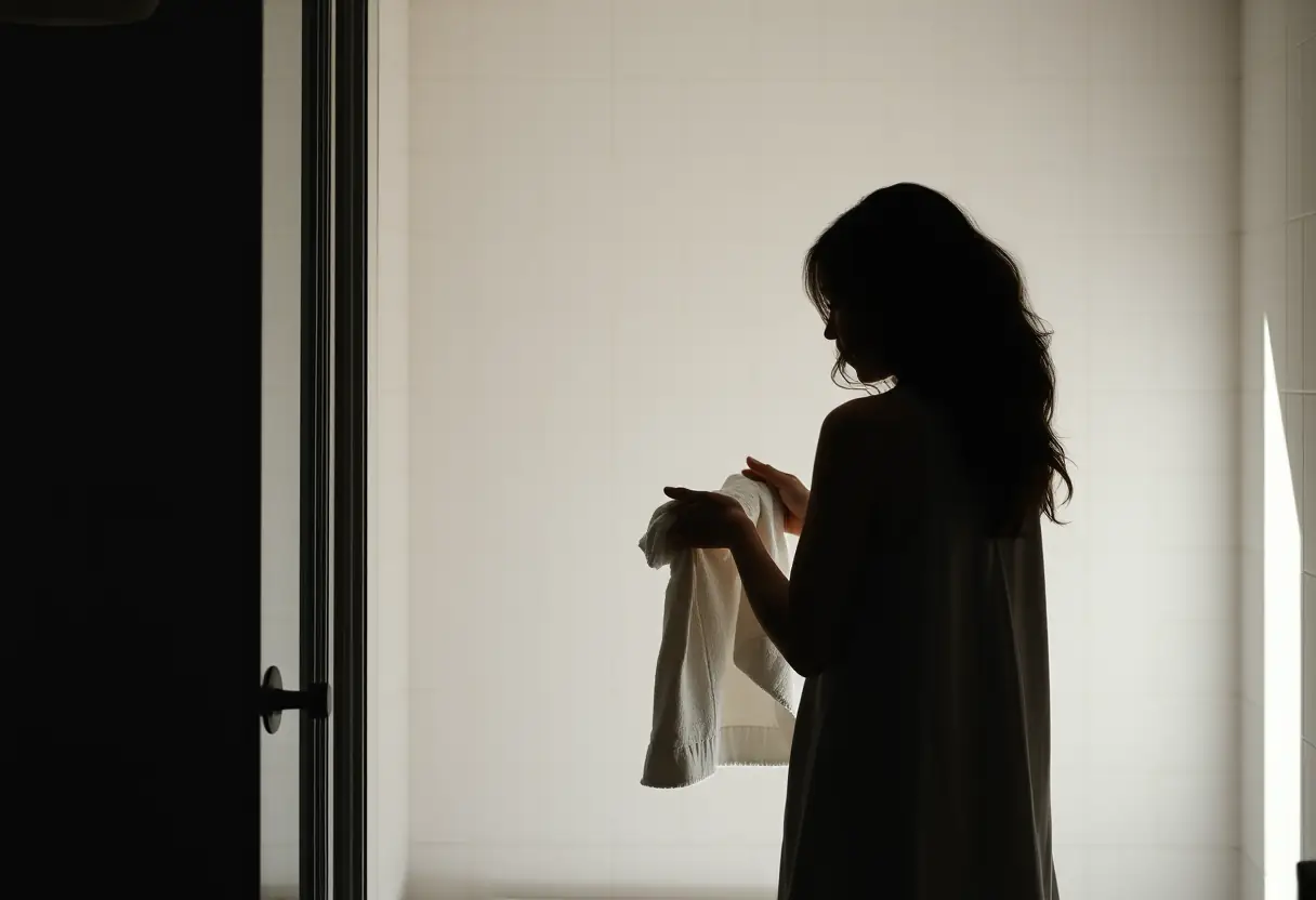 Une femme sèche ses mains avec une serviette blanche rectangulaire dans la salle de bains