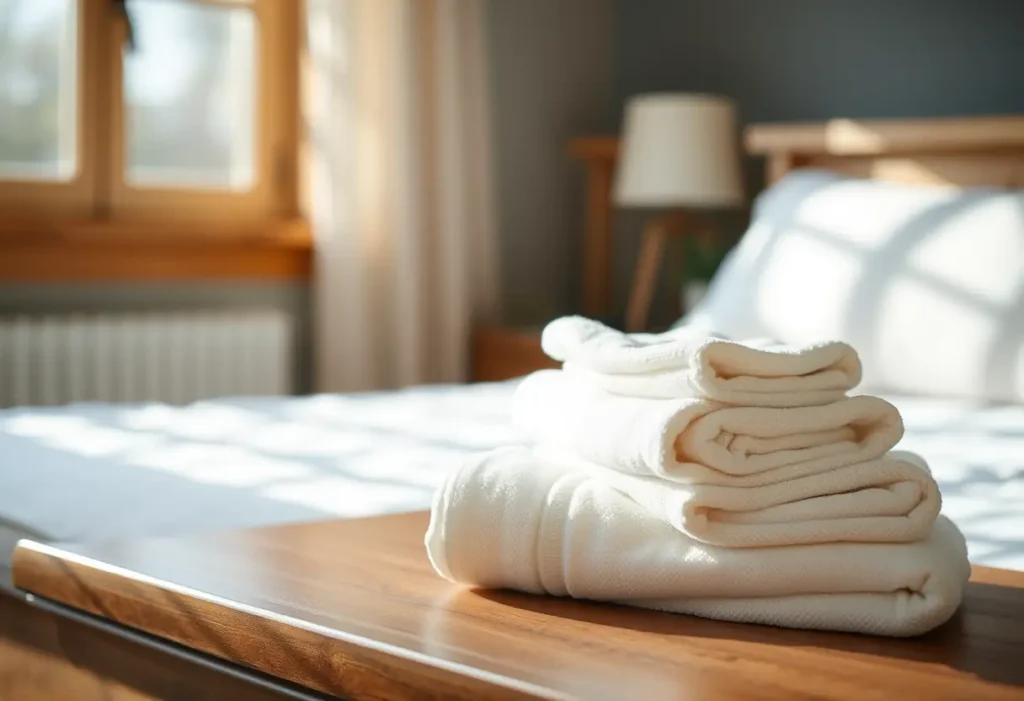 Un amoncellement de serviettes blanches en coton sur une commode dans une chambre accueillante