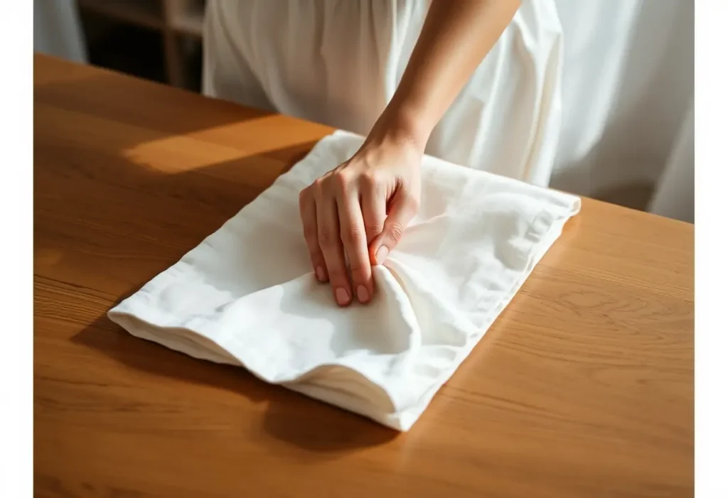 Une main féminine plie délicatement un linge blanc sur une table de cuisine, mettant en valeur la douceur et la simplicité du tissu.