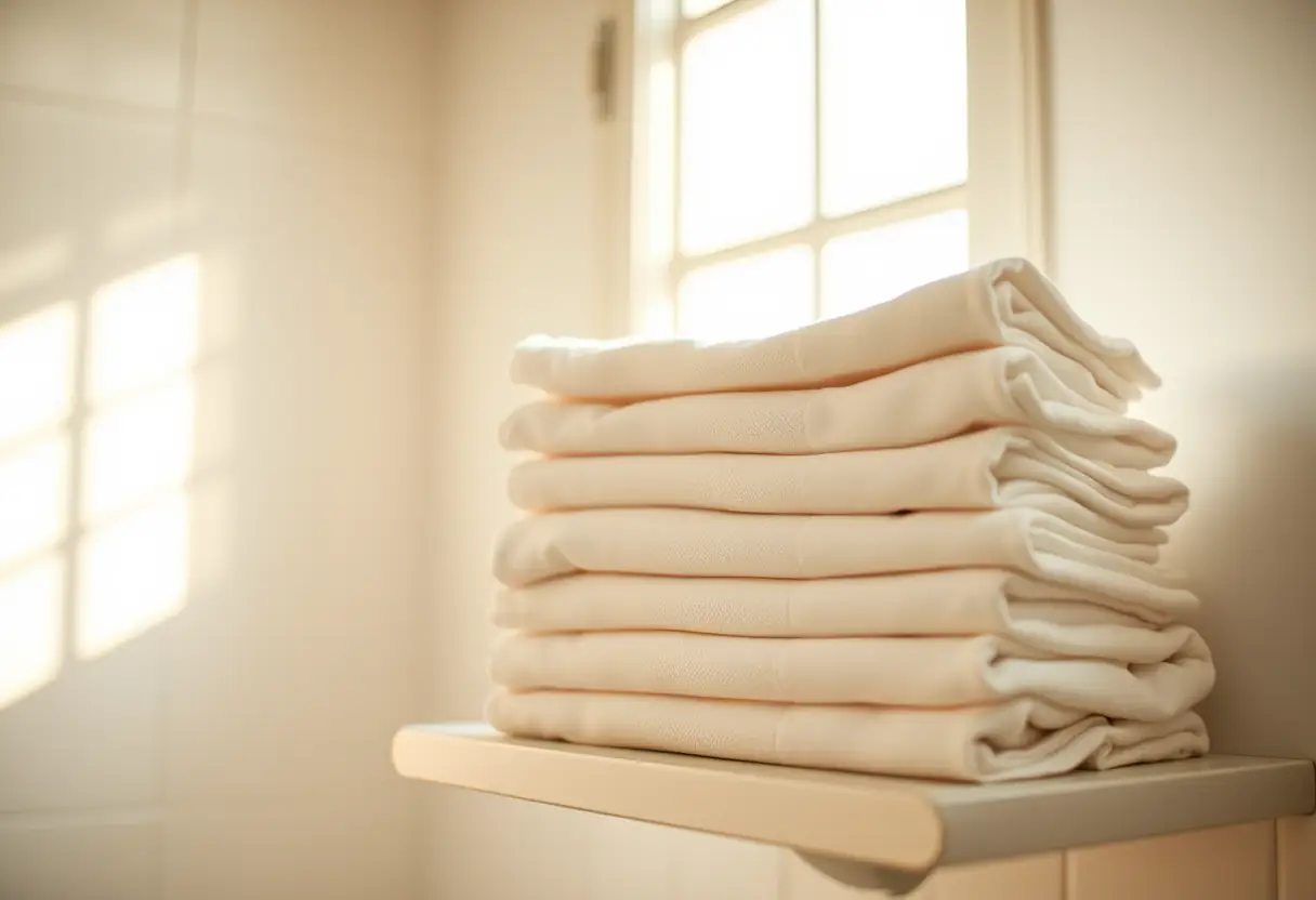 Un étagère de salle de bains accueille une pile bien rangée de linges blancs, éclairés par la lumière matinale.