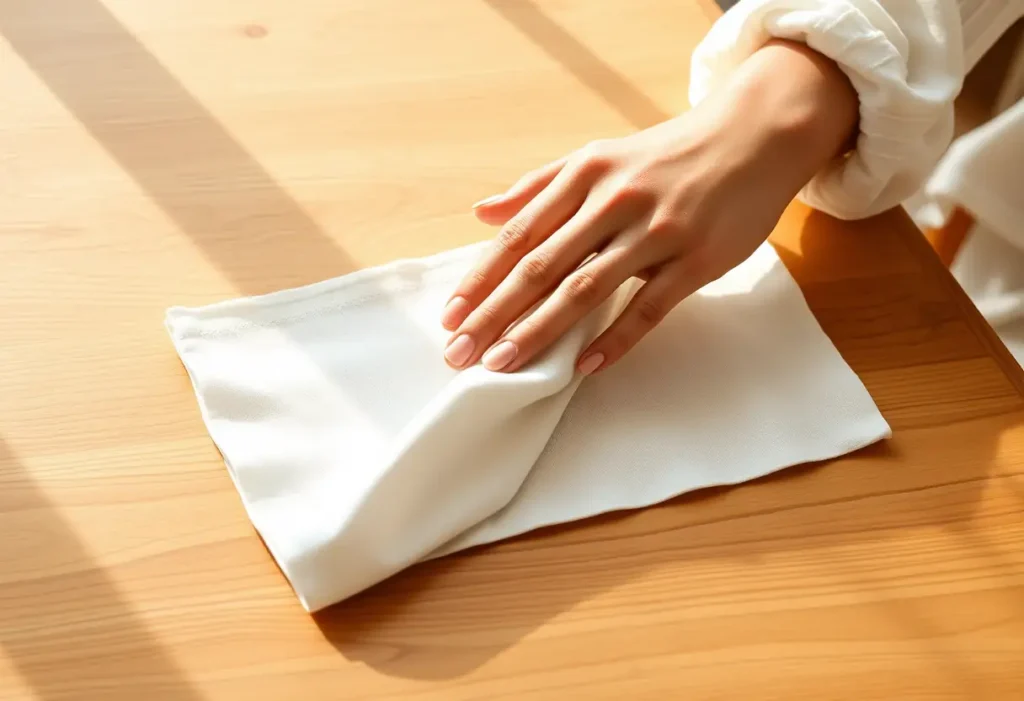 Main: Une main pliant délicatement un torchon en coton, symbolisant le soin apporté à l'hygiène.