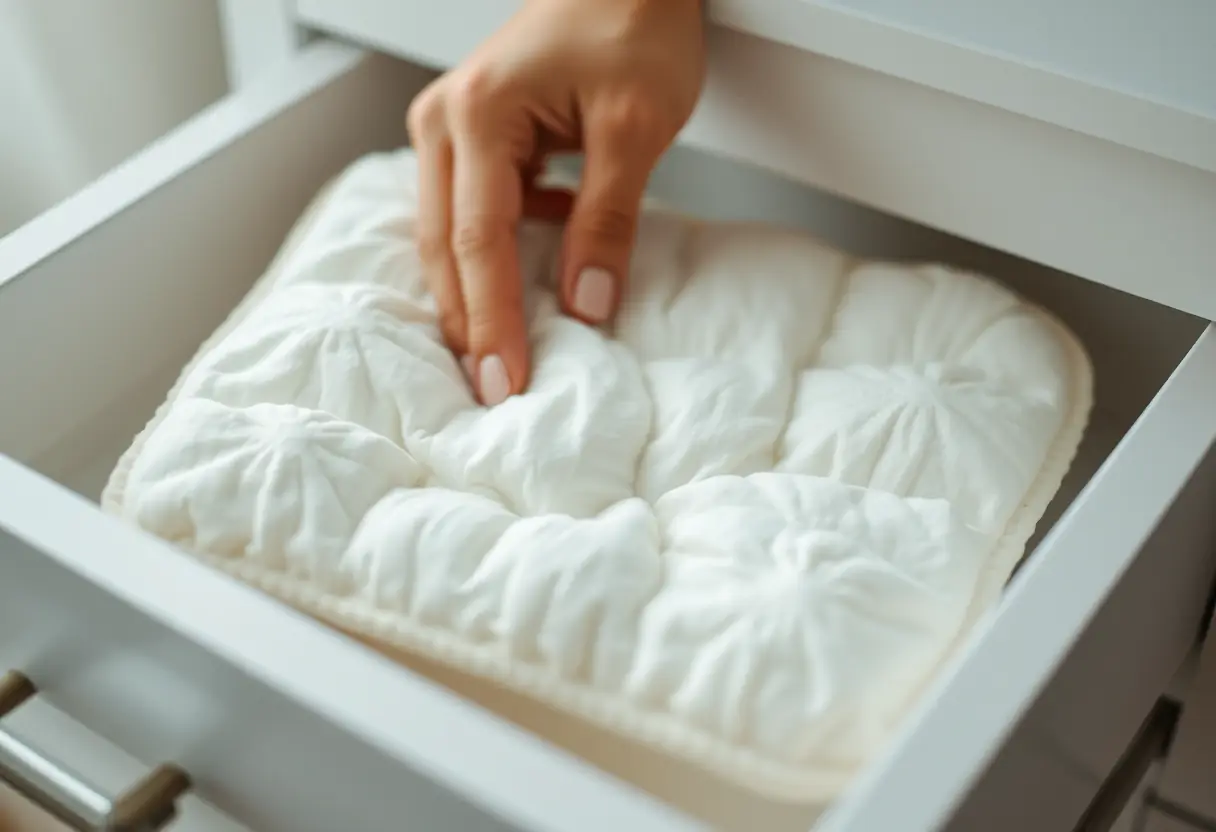 Main: Une main déposant un gâteau de coton dans un tiroir, illustrant le soin apporté à l'hygiène intime.