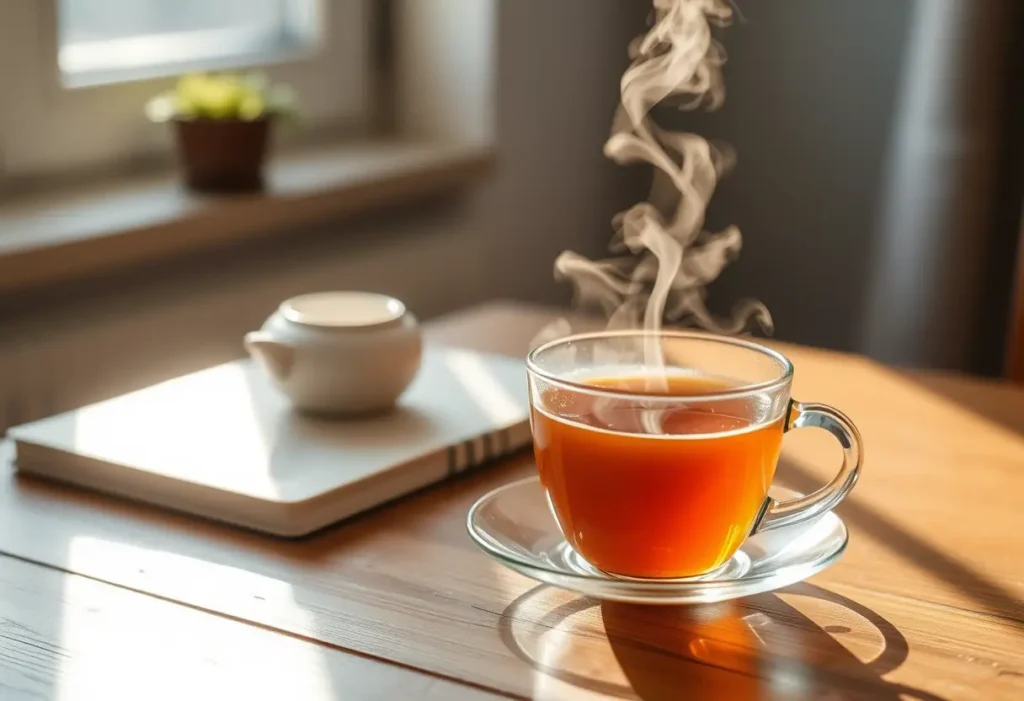 Une tasse de thé aux camomilles fumante sur une table en bois, la lumière du matin filtre à travers une fenêtre, mettant en valeur la vapeur qui s'élève doucement.