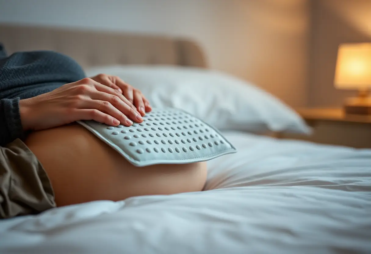 Des mains tenant un coussin chauffant contre l'abdomen inférieur, allongées sur un lit dans une chambre calme, la douce lueur d'un abat-jour éclaire la scène.