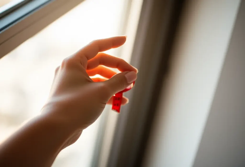 Une main féminine tient une règle pour mesurer, lumière naturelle