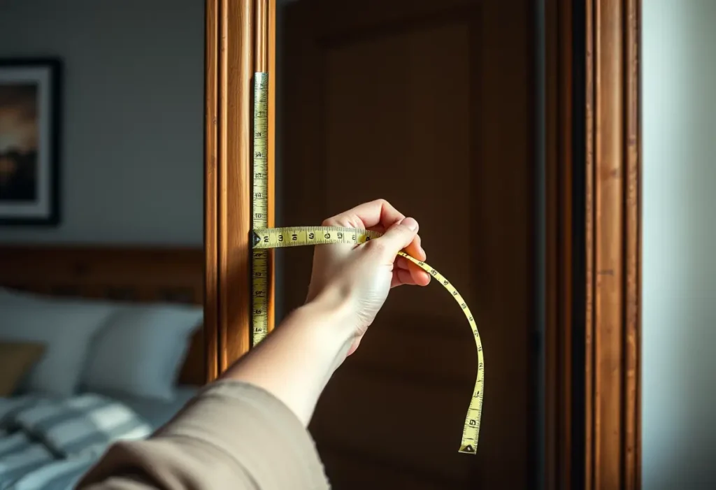 Une main féminine tenant un mètre ruban contre un chambranle en bois dans une chambre accueillante, éclairée naturellement