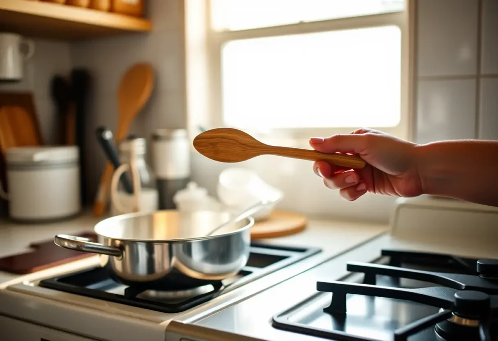Une main féminine tient une cuillère en bois dans une cuisine, lumière du matin