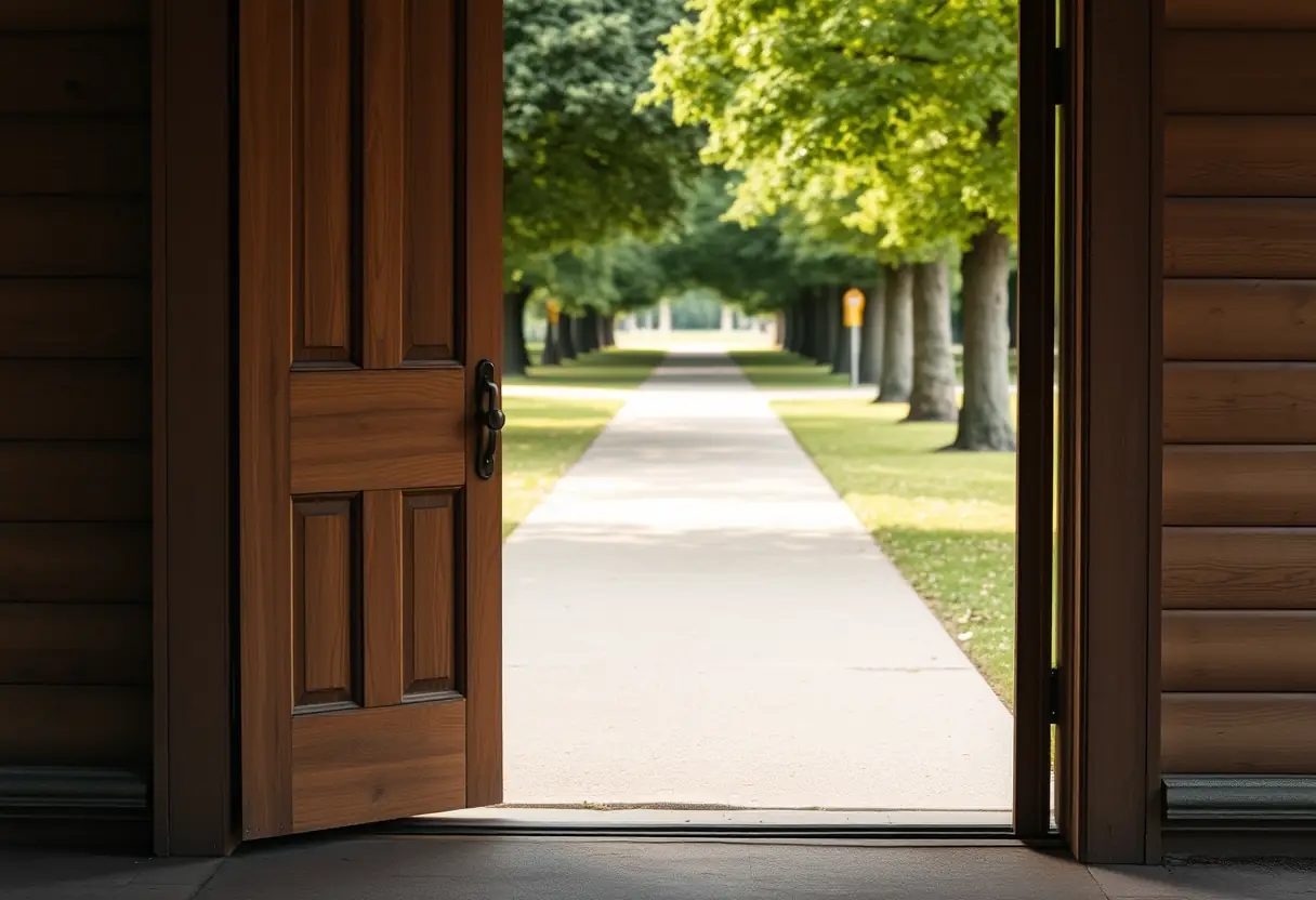 Une porte en bois s'ouvre lentement, révélant un sentier bien éclairé dans un parc, symbole de la voie vers la récupération et l'acceptation de soi