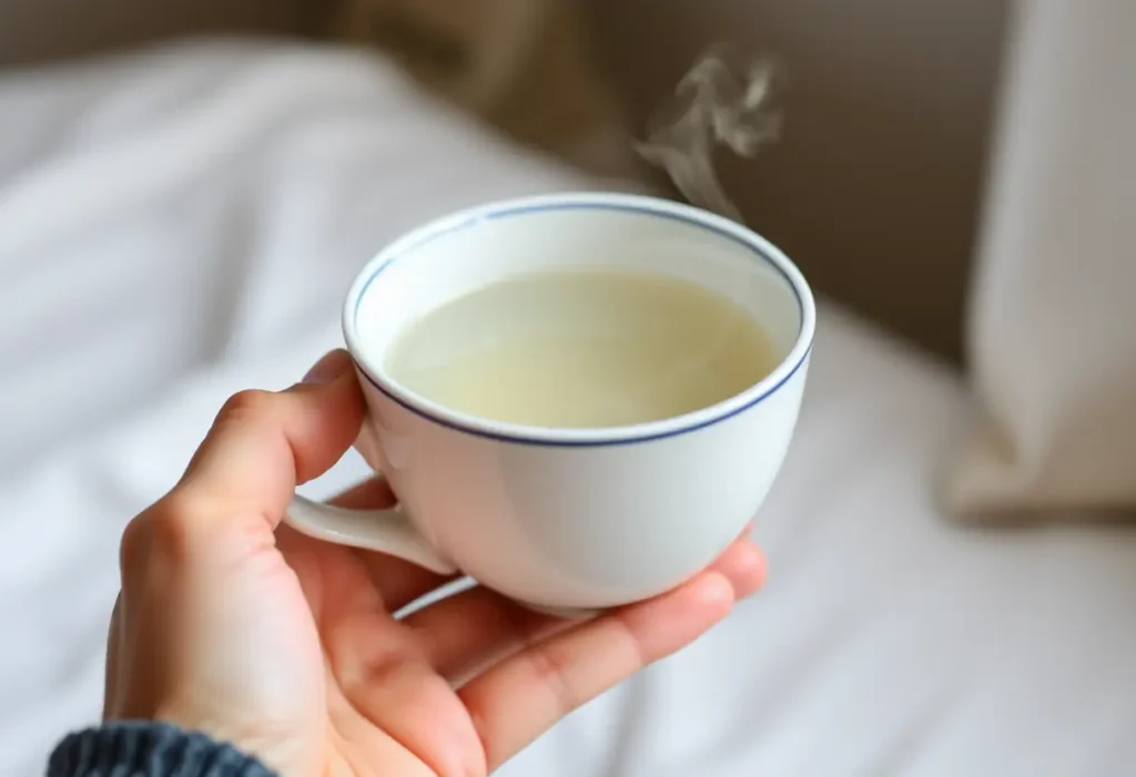 Une main tient une tasse d'eau chaude le matin, la vapeur s'échappe délicatement