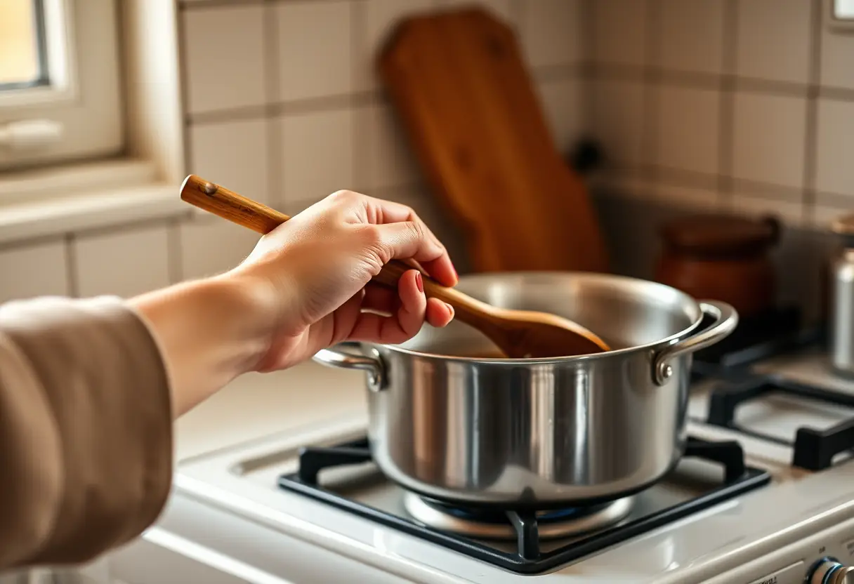 Une main féminine tient délicatement une cuillère en bois dans une cuisine, symbolisant la routine et la préparation de soi