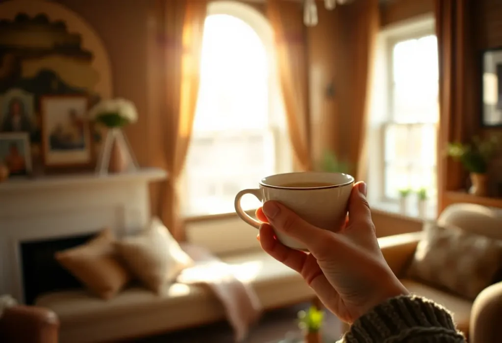 Une main tenant une tasse de thé aux camomiles dans un salon accueillant