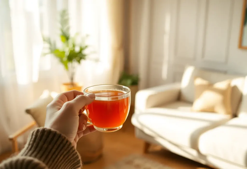 Une main tenant une tasse de thé chaud dans une pièce accueillante, favorable aux femmes en préménopause