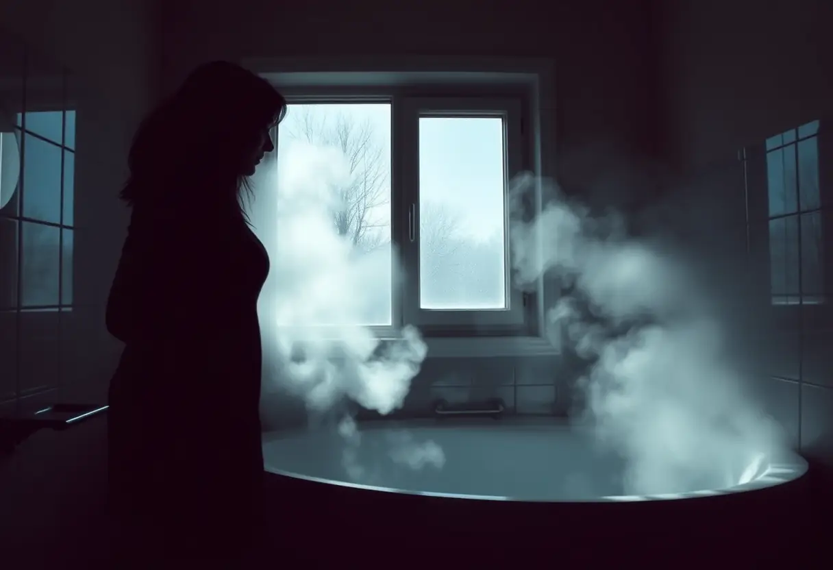 Un brouillard léger au-dessus d'une baignoire dans une salle de bains, pour symboliser la préménopause