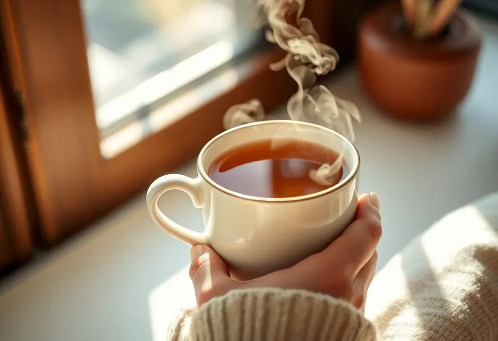 Une main féminine tient une tasse de thé chaud, apportant réconfort et douceur.