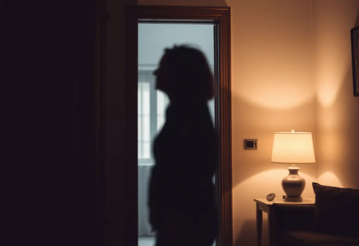 Un profil flou d'une femme dans un salon accueillant, éclairée par une lampe de chevet.