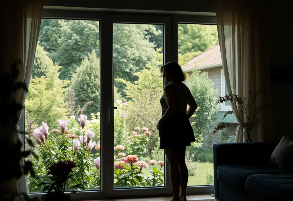 Un profil de femme près d’une fenêtre donnant sur un jardin fleuri, représentant espoir et croissance face aux défis