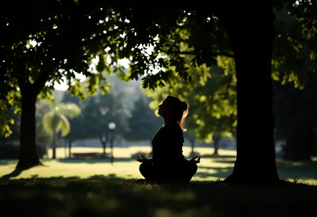 Une silhouette de femme méditant sous un arbre dans un parc, en lien avec la gestion des symptômes de la ménopause.