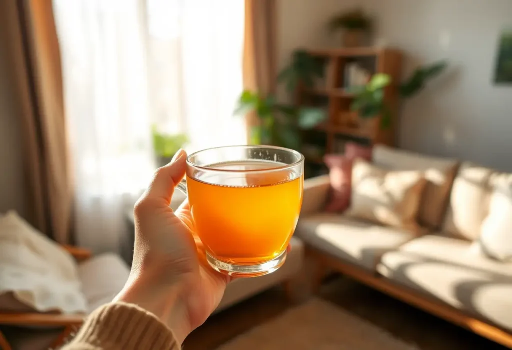 Une main tenant une tasse de thé chaud dans un salon accueillant, lumières douces pour symboliser le bien-être