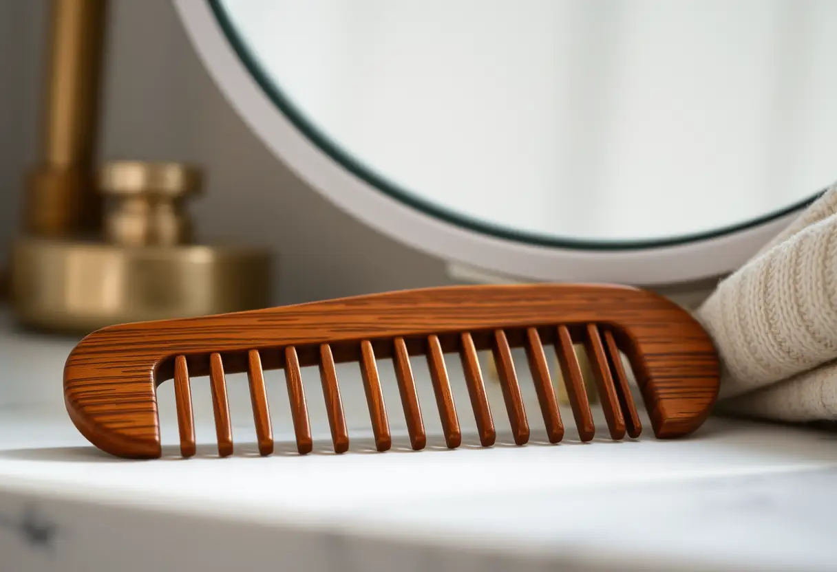 Un peigne en bois posé sur une coiffeuse, représentant les routines de soins personnels lors des périodes de transition
