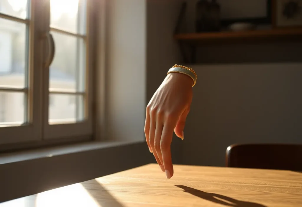 Une main féminine se soutient contre une table en bois, la lumière du matin filtre par la fenêtre