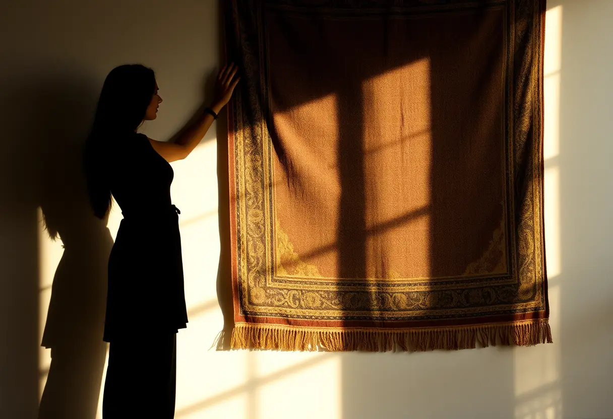 Une silhouette se tient près d'un mur orné d'un tapisserie, sa main repose doucement sur le tissu texturé