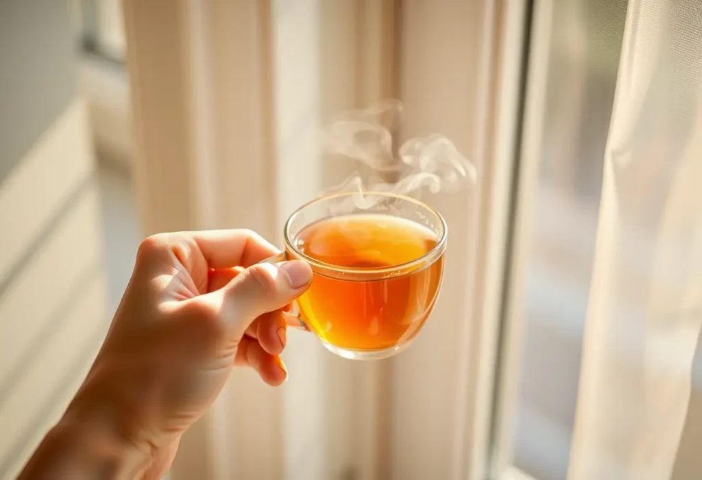 Une main tenant une tasse de thé herbeux dans la lumière du soleil