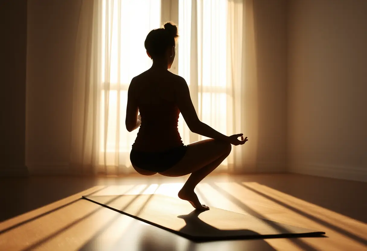 Un silhouette de femme méditant sur un tapis de yoga au lever du jour