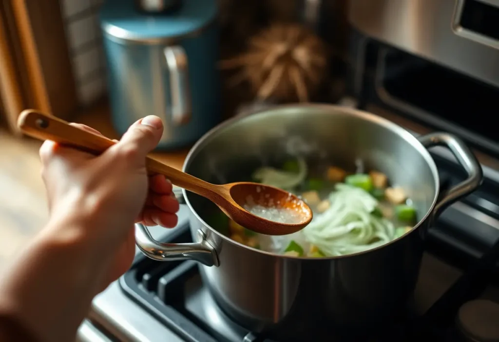 Une main féminine tient une cuillère de bois en remuant une marmite de légumes cuits, symbolisant le soin de soi.