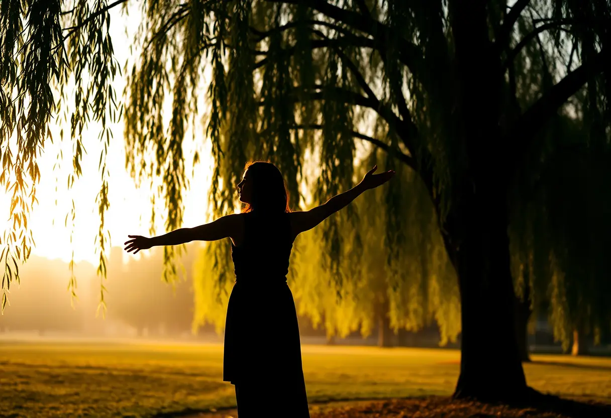 Un profil d'une femme s'étirant sous un saule pleureur dans un parc, reflétant l'importance du mouvement et de la nature pour le bien-être.