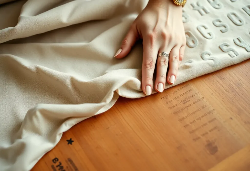 Une main féminine lissant un morceau de tissu sur une table en bois, éclairée par une lumière naturelle chaude