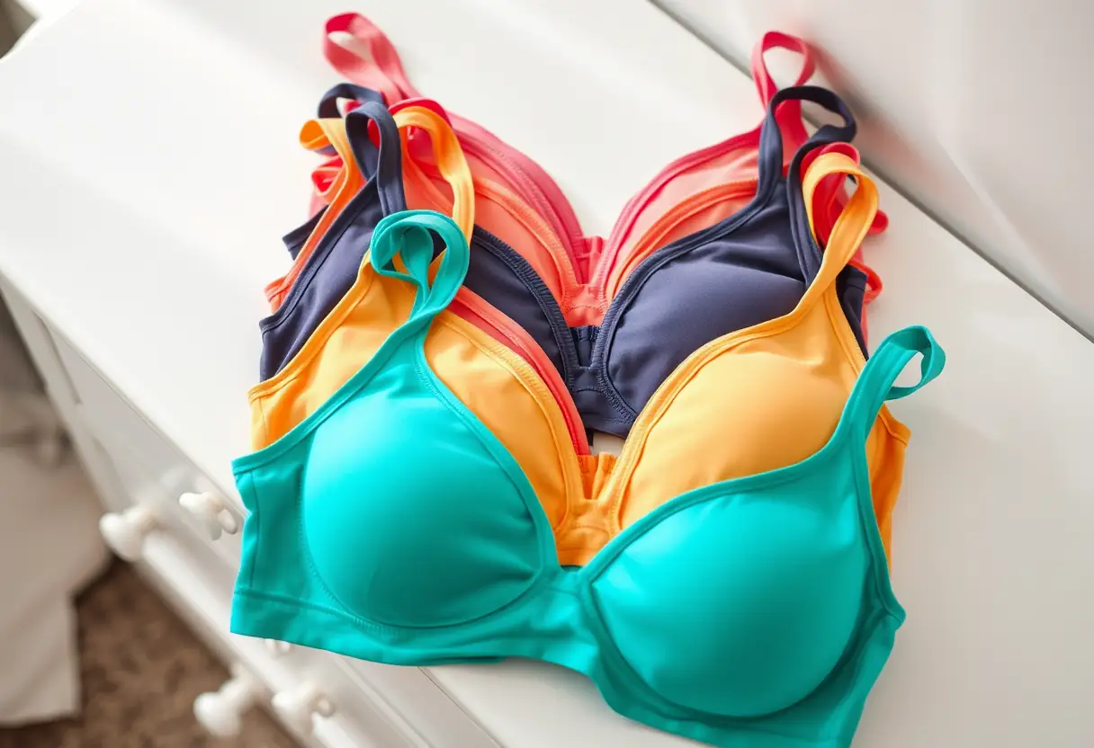 Un tas de soutiens-gorge colorés est disposé sur une commode blanche, la lumière matinale soulignant la variété des couleurs.