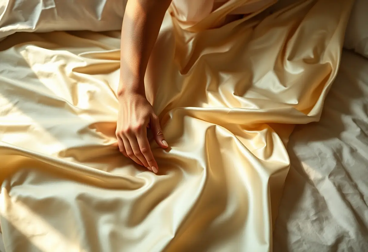 Une main qui repousse doucement une chemise de nuit en soie posée sur un lit