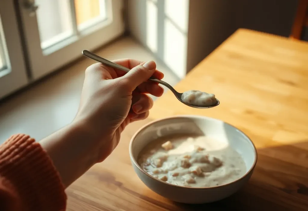 Une main féminine tenant une cuillère de gruau sur une table en bois, lumière douce du matin