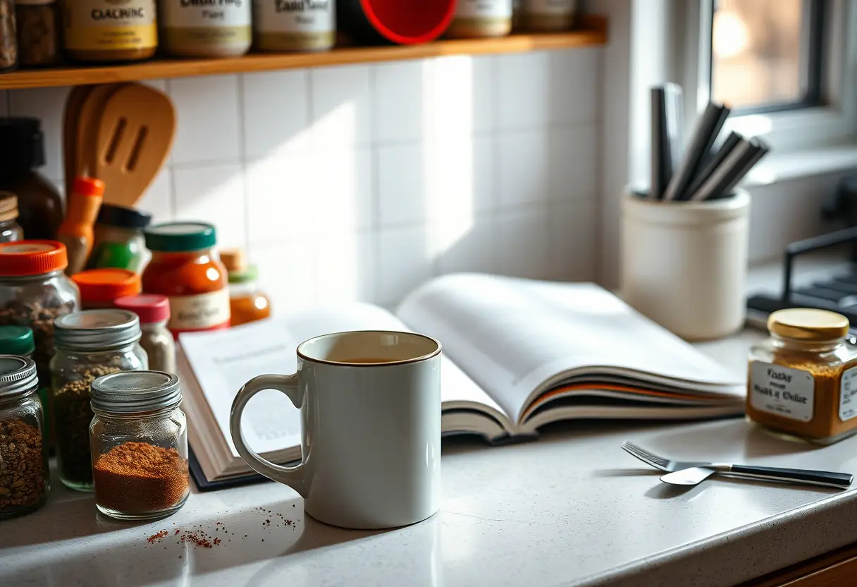 Un plan de travail de cuisine avec diverses épices et bocaux, une tasse de café vide devant un livre de recettes ouvert