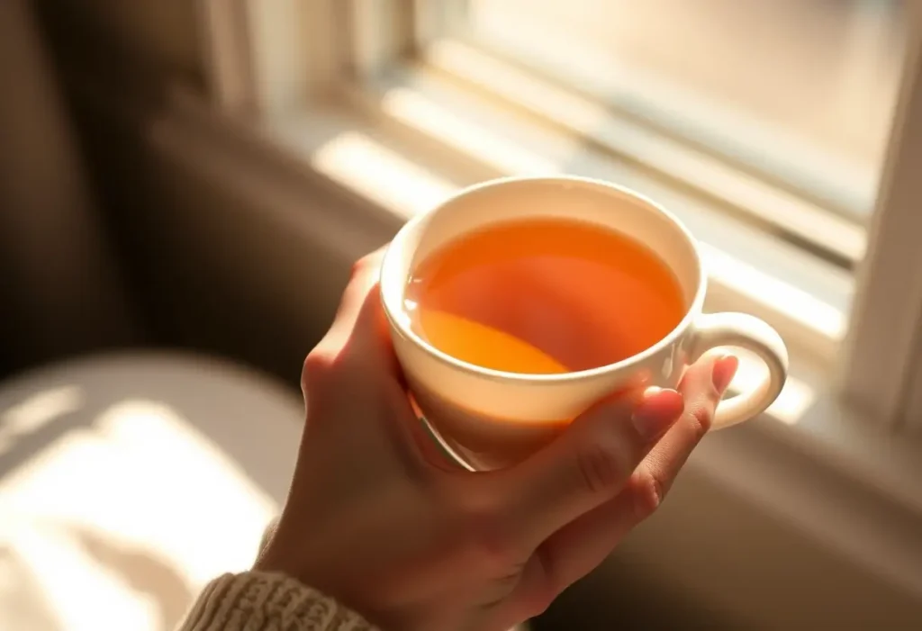 Une main tenant une tasse de thé chaud, apportant chaleur et confort