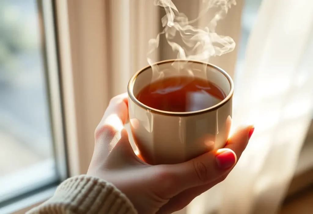 Une main féminine tient une tasse de thé chaud, éclairée par la lumière naturelle