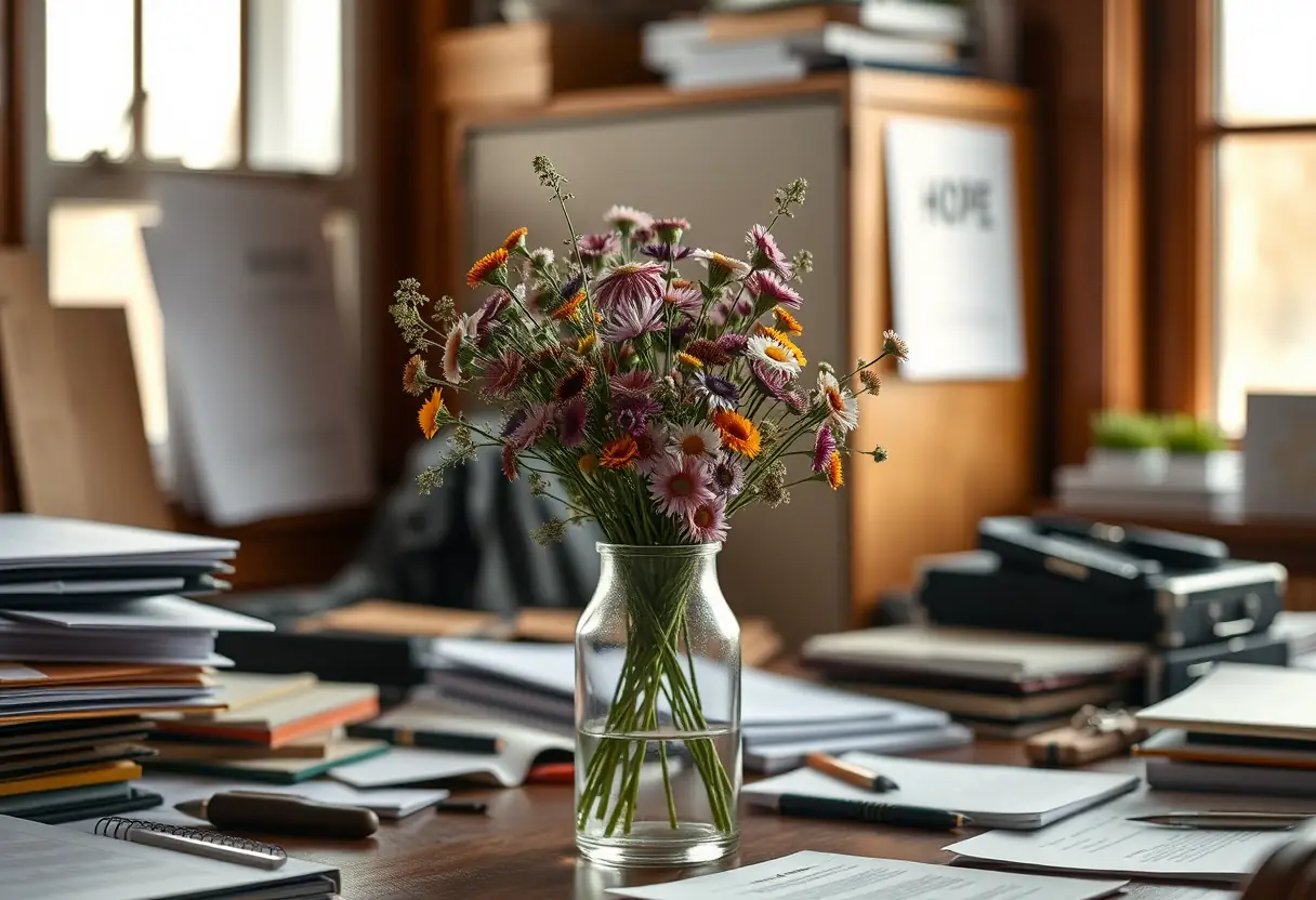 Des mains arrangeant un bouquet de fleurs sauvages dans un vase de verre clair sur un bureau chargé