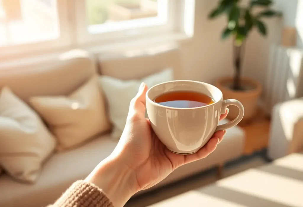Une main tenant une tasse de thé aux herbes dans une pièce accueillante