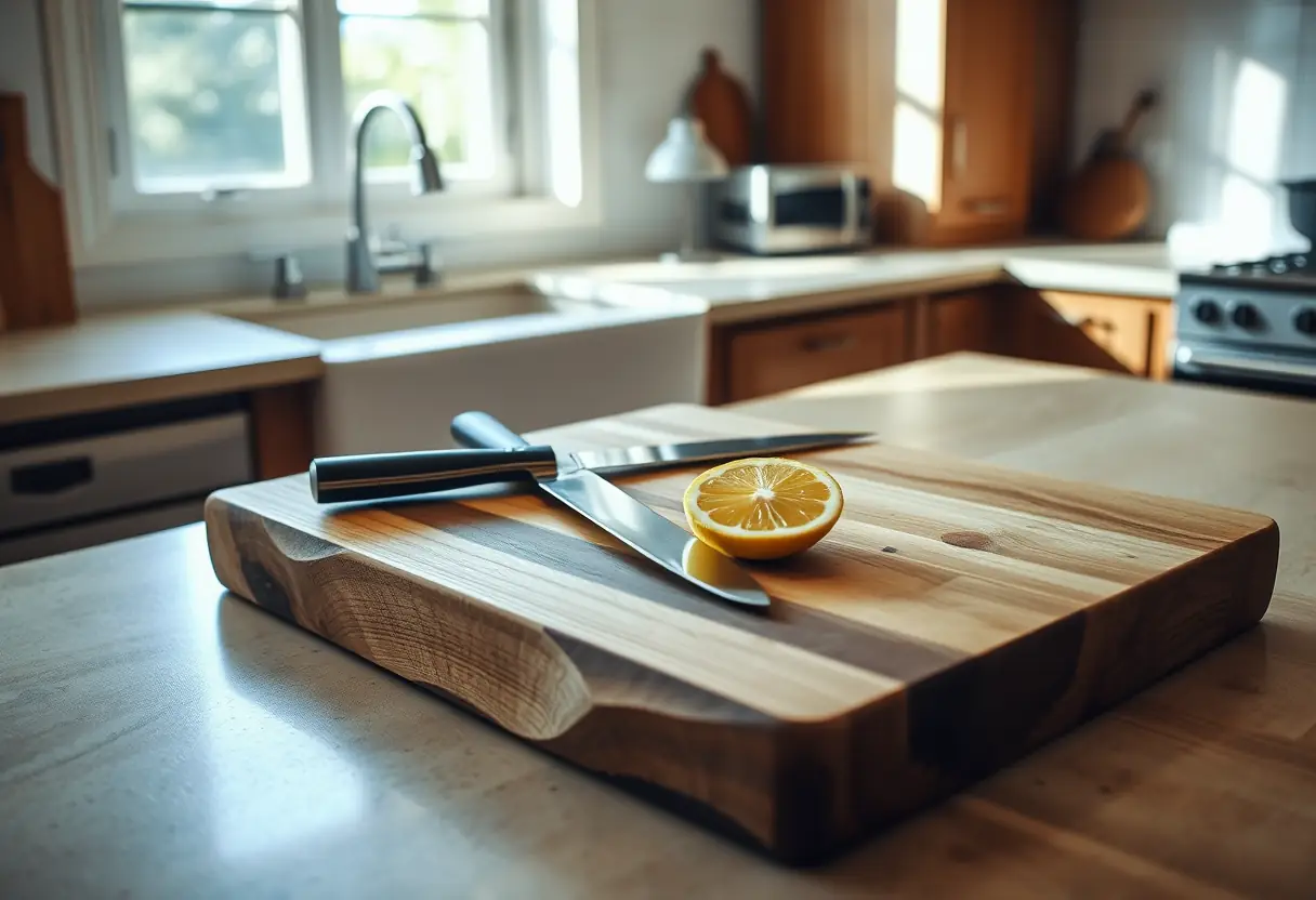 Un plan de travail avec un couteau et un quartier de citron sur un plateau en bois