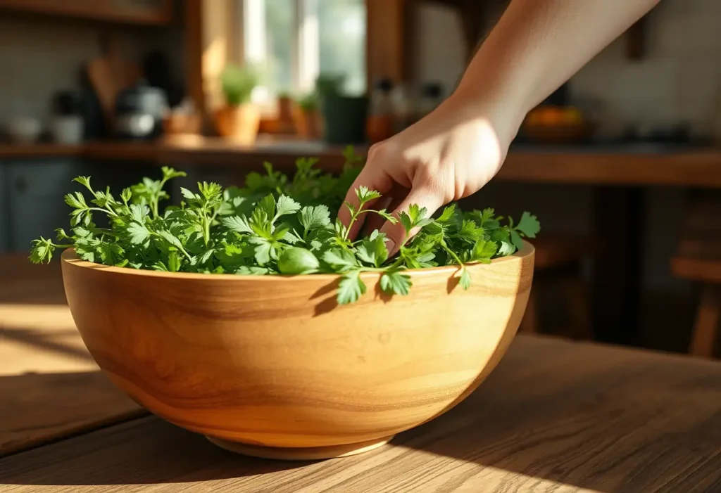 Une main plonge dans un grand bol en bois rempli d'herbes fraîches dans une cuisine accueillante. Lumière naturelle chaude.