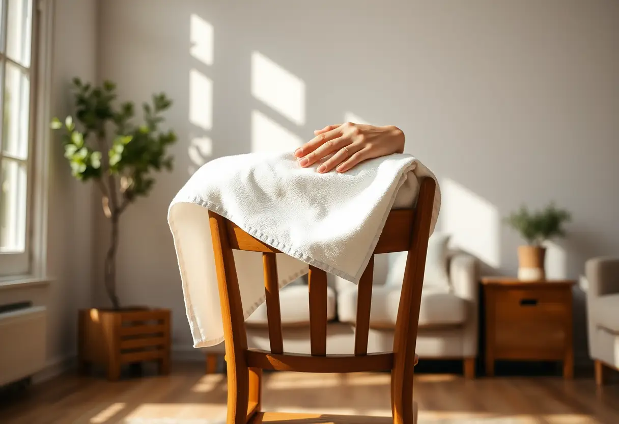 Des mains plient doucement une serviette en coton blanc sur un fauteuil dans un salon calme. Lumière naturelle apaisante.
