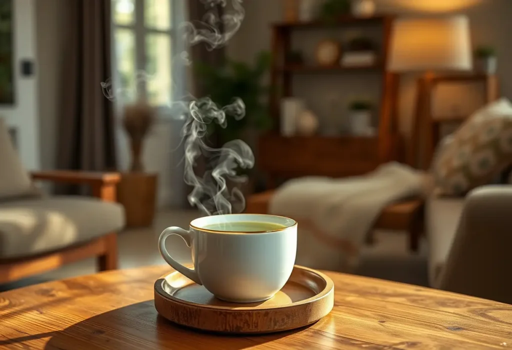 Une table en bois dans un salon accueille une tasse fumante de thé vert, dont la vapeur parfumée s'enroule gracieusement