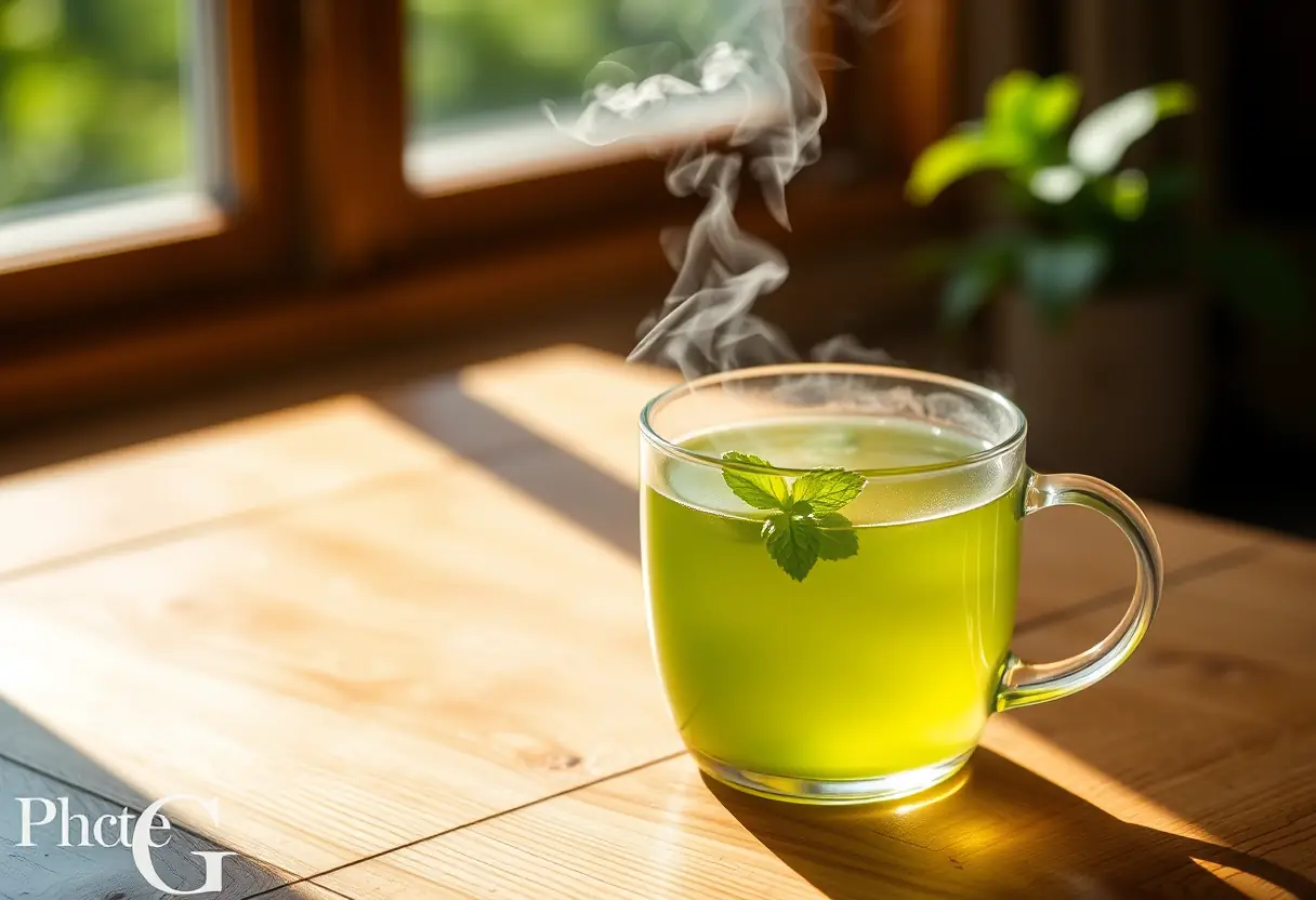 Tasse fumante de thé vert avec des feuilles de menthe