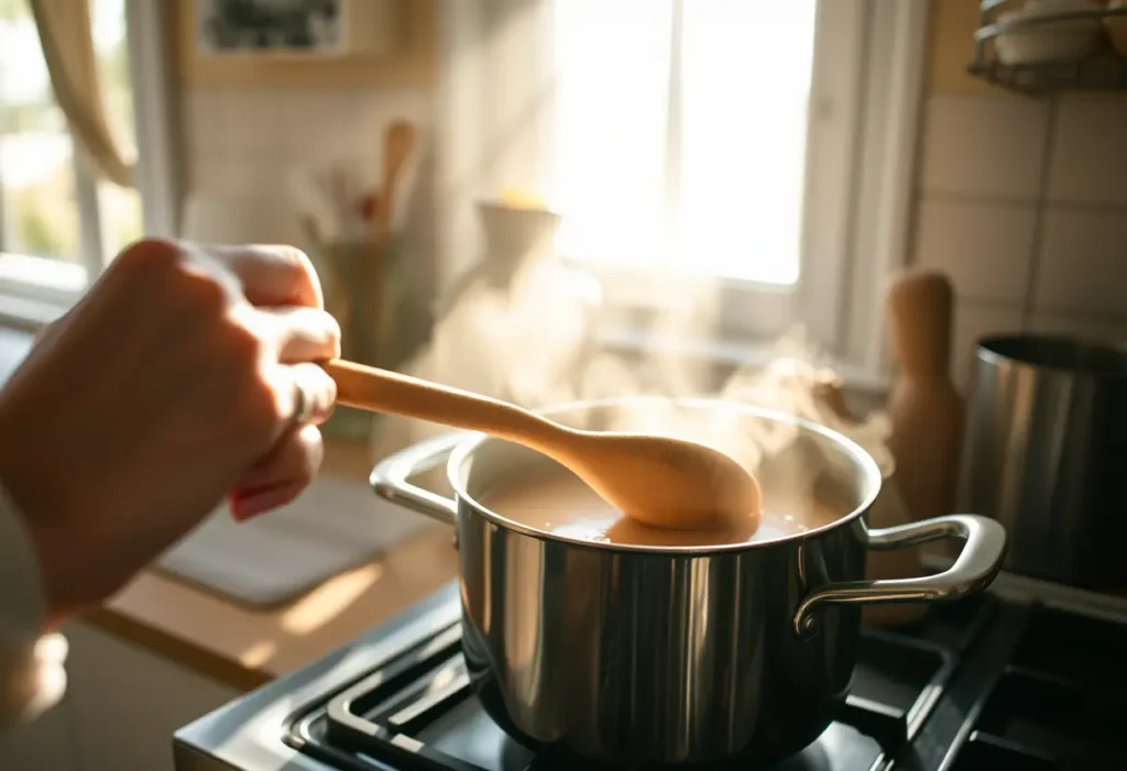 Une main féminine mélangeant une soupe dans la cuisine, évoquant sérénité et bien-être.