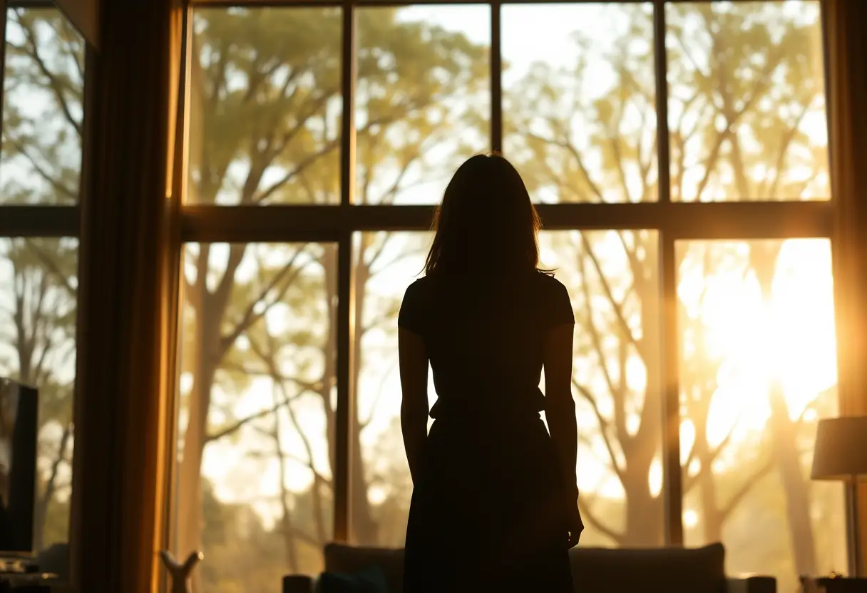 Silhouette d'une femme devant une fenêtre, reflétant l'harmonie entre l'intérieur et la nature, symbolisant l'équilibre et le bien-être.