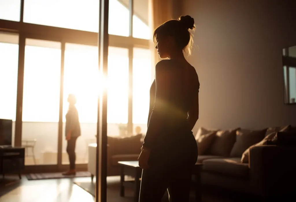 Un profil d'une femme debout près d'une grande fenêtre, sa réflexion visible dans le verre, la lumière du jour éclaire chaleureusement le salon accueillant