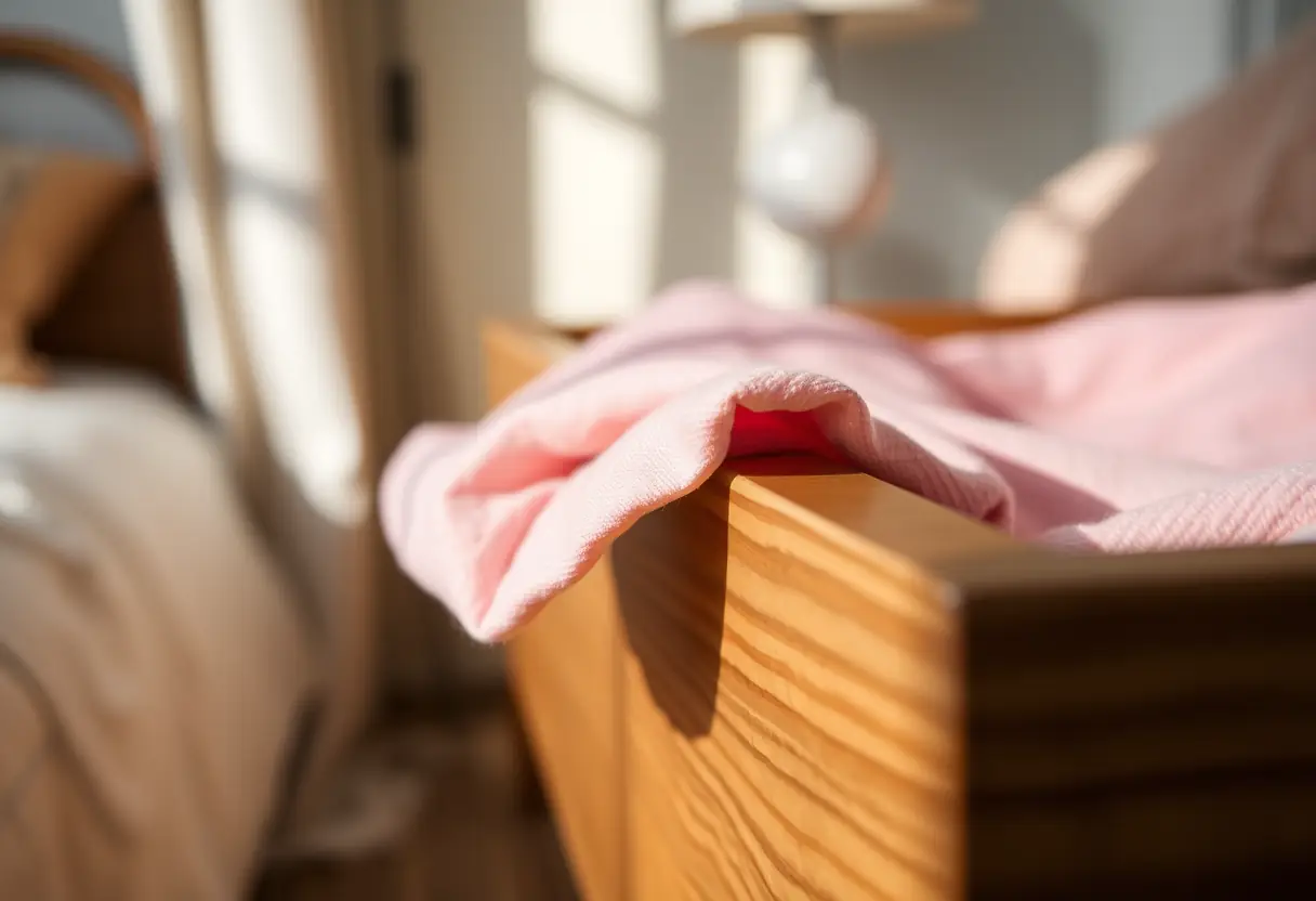 Un plan rapproché d'un bouton de tirage en bois d'un tiroir qui s'ouvre lentement, révélant un tissu rose doux à l'intérieur, dans une chambre baignée de lumière tamisée