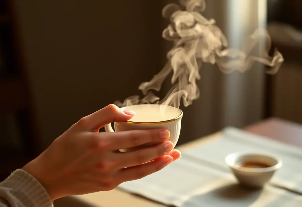 Une main féminine tenant une tasse de thé en porcelaine, vapeur douce, évoquant la sérénité et l'acceptation.