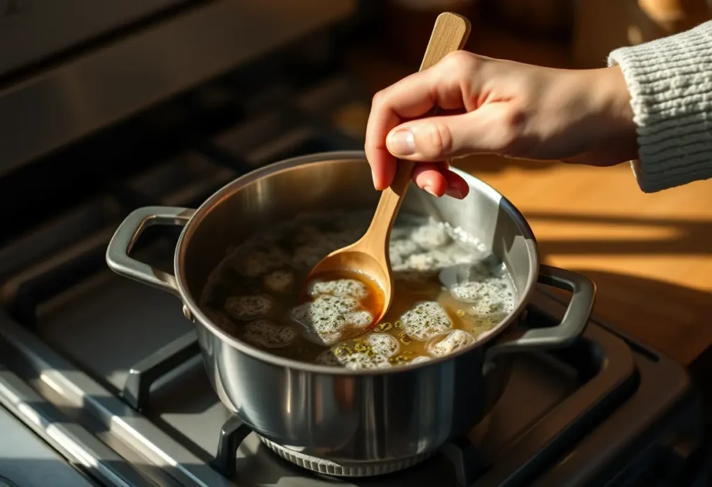 Une main féminine remue délicatement une soupe dans une casserole sur la cuisinière, éclairée par la chaleur de la flamme.
