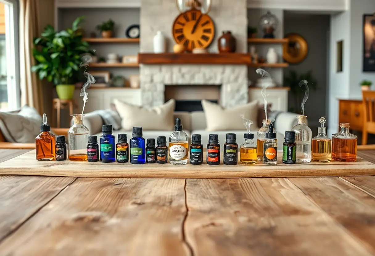 Un grand bureau en bois dans un salon accueillant, garni de bouteilles colorées contenant des huiles essentielles.